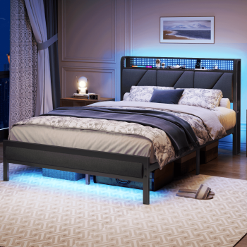 Satifur Bed Frame with Upholstered Storage Headboard, Metal Platform Bed Station with Charging Station & LED, Noise-Free. No Box Spring Needed