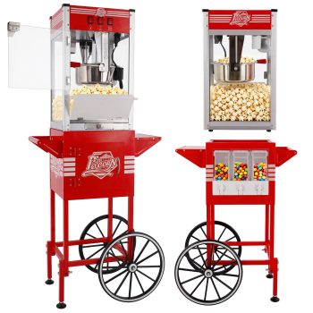 12OZ Popcorn Machine with Cart, Holaki Movie Theater Popcorn Maker Machine with 3 Candy Dispensers, Stainless Steel Kettle, Tempered Glass, Popcorn Machine for Kids Party Home