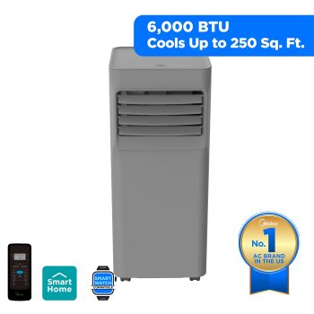 Midea 6,000 BTU Portable Air Conditioner with WiFi, 2Speed, 250 Sq Ft Coverage, Gray