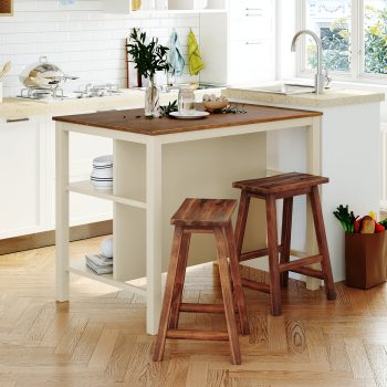 MAYEERTY Solid Wood 3-Piece Kitchen Island Set with 2 Stools & Storage Shelves, White