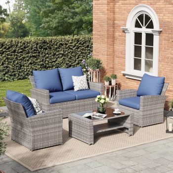 ELPOSUN Wicker Patio Furniture Set, 4 Piece Outdoor Sectional Conversation Sets, Gray PE Rattan Patio Sofa Set for Balcony, Porch, Backyard, Blue
