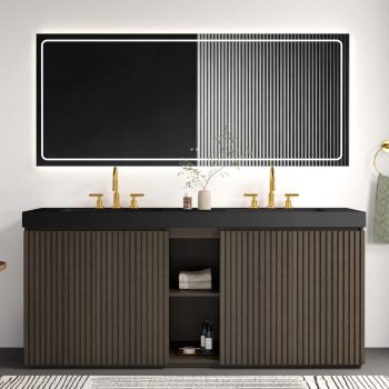 Bathroom Vanity with Double Sink, 72-Inch Smoked Oak Melamine and Plywood Cabinet, 4-Door Storage with Soft-Close Hinges and Black Quartz Basin for Modern and Farmhouse Bathrooms
