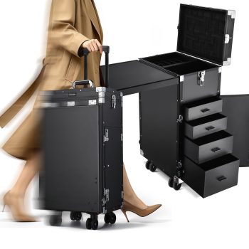 Byootique Portable Manicure Table Desk for Nail Tech Organizer Rolling Makeup Case with Wheels and Telescopic Handle for Manicurist Technician