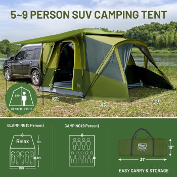 Timber Ridge 5- SUV Tent with Screen Porch and Awning for Family Camping, Weather Resistant and Portable Van or Car Tent