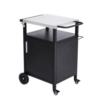 Outdoor Grill Table Cart with Cabinet, Stainless Steel Movable Kitchen Island with Large Storage Cabinet, Multifunction Food Prep Table with Bottle Opener and Seasoning Tray, Black