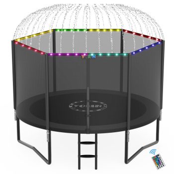 YORIN 10FT 8FT 12FT 14FT Trampoline with Enclusore Net, Sprinkler & LED Lights, 1000LBS Capacity Outdoor Trampoline for 3-4 Kids, Safety Enclosure Net, Ladder, Heavy-Duty Backyard Round Trampoline