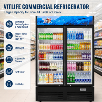 VITLIFE 26 Cu.Ft. Commercial Merchandiser Refrigerator, 2 Glass Door Display Refrigerator with Adjustable Shelves, LED Light and Canopy, Auto Defrost, ETL Listed