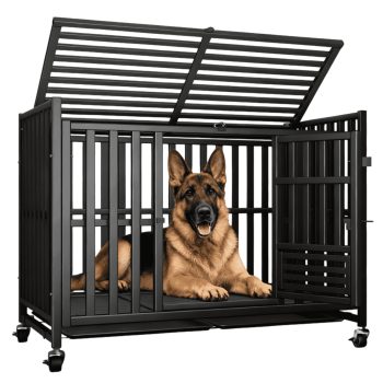 Pawdippity 42" Heavy Duty Dog Crate for High Anxiety Large Dogs with 4 Lockable Wheels, 3 Doors Escape Proof Kennel, 2 Removable Trays, Easy to Clean