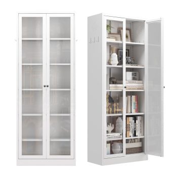 Glyxxen 72" Height Kitchen Pantry Cabinet, Metal Storage Cabinet with Adjustable Shelves and 2 Glass Doors for Kitchen Garage and Home