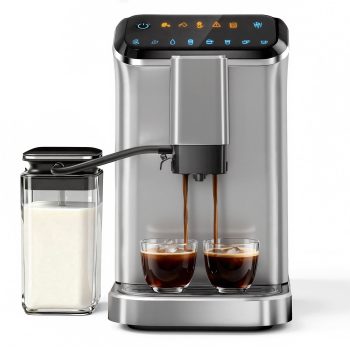 SIMZLIFE 2-Cup Automatic Espresso Machine, 15 Grind Settings, 20 Bar Pressure, Milk Frother, Silver