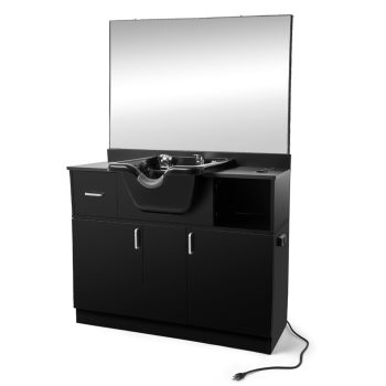 Artist Hand All in One Salon Shampoo Station Backwash Sink with USB, 110V Outlets, Bowl, Mirror, Drawer, Shelf, 2 Doors, 3 Holes, P Trap (Black)