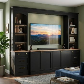 Farmhouse Arched Entertainment Center Wall Unit with Bookshelves, 106" Large TV Stand with Storage Cabinets and Drawers, Retro Wood Grain Media Console for TVs Up to 70"