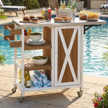 Foldable Outdoor Kitchen Island Patio Kitchen Island Outdoor Kitchen Cart Portable Prep Station with Lockable Wheels, Storage Cabinet and Towel Rack for Patio and Outdoor, White+Brown