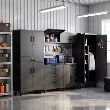 IKIMI 6-Piece Garage Storage Cabinet Set,Heavy Duty Metal Garage Cabinets System Workshop Set with 2 * Tall Tool Cabinets + 2 * Rolling Tool Cabinet and 2 * Wall Cabinets