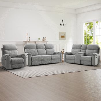 Bonzy Home Fabric Power Reclining Sofa Set, Chair, Loveseat & 3-Seat Couch with Cup Holders, Charging Ports, Hidden Storage, 6-Seat, Light Grey