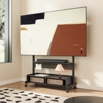 FITUEYES Rolling TV Stand with Wheels for 70–100 inch TVs, Adjustable Mobile Floor Cart with Two Large Wooden Storage Shelves