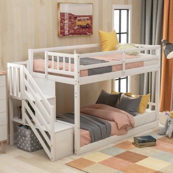 Euroco Wood Twin over Twin Floor Bunk Bed with Staircase for Kids Teens Room