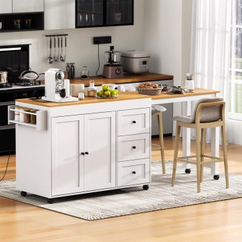 74.8" Kitchen Island with Extendable Dining Table, Rolling Kitchen Island with Storage Cabinets, 3 Drawers, Spice Rack and Power Outlet, Mobile Kitchen Cart with Wheels for Kitchen and Dining Room