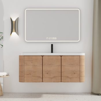 FFZ 48 inch Wall-Mounted Bathroom Vanity with White Resin Sink and 3 Soft-Close Doors, Imitative Oak