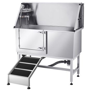KFFKFF Stainless Steel Pet Grooming Tub, 50 inch Wash Station with Ramp, Water Filter Board, Faucet, Showerhead, and Soap Holder for Pets of All Sizes (Left Door)