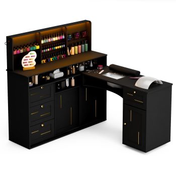 Advwin L-Shaped Manicure Table with Dust Collector, Mobile Desktop & LED Light, Nail Tech Desk with Glass Display Rack, Storage Cabinets & Drawers for Home Spa Beauty Salon Nail Station