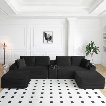 Vanress 150" Modular Sectional Sofa Couch for Living Room, Corduroy Boneless Sofas, Oversized Modern Cloud Couch, U Shape Couches Deep Seat with USB Ports and Cup Holders