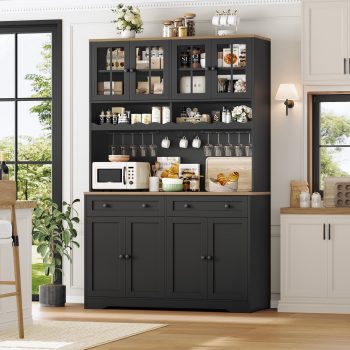 Hiphuta 75"Tall Kitchen Pantry Storage Cabinet with Power Outlet, Large Pantry Cabinet with Microwave Stand, Modern Freestanding Cupboard Hutch for Home Dinning Room