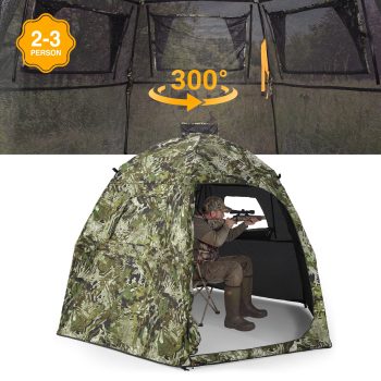 FLISSA 300 See-Through Hexagonal Hunting Blind, 2-3 Person Pop-Up Ground Blind with Silent Windows, 300D Durable Fabric for Deer & Turkey Hunting