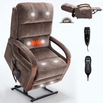 ChenyueFurn Dual Motor Chenille Power Lift Recliner, Massage & Heat, Wood Armrests, 350 LBS Capacity,Brown
