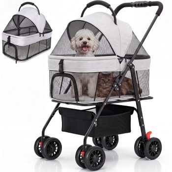 Ferhtm Dog Stroller for Small to Medium Dogs, Foldable Panoramic Mesh Pet Stroller with Detachable Carrier & Safety Tether, Puppy & Cat Stroller up to 35 lbs