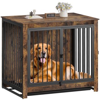 Dog Crate Furniture, 42 Inch Indoor Dog Kennel for Medium to Dogs Up to 70 LBS, Heavy Duty Wooden Pet Crate with 3 Doors, Alloy Steel Frame & Removable Tray