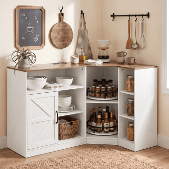 Nordee Farmhouse L-Shaped Corner Pantry Cabinet with Charging Station, 2-Tier Lazy Susan Turntable & Adjustable Shelves for Kitchen, Dining Room, Living Room