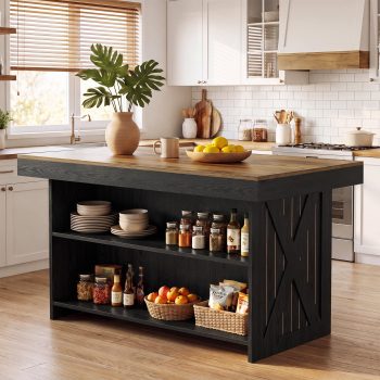 Finmind 55-Inch Kitchen Island with Storage Shelves, Farmhouse Island Table with Seating, Counter Height Bar Table for Kitchen, Dining Room, Brown and Black