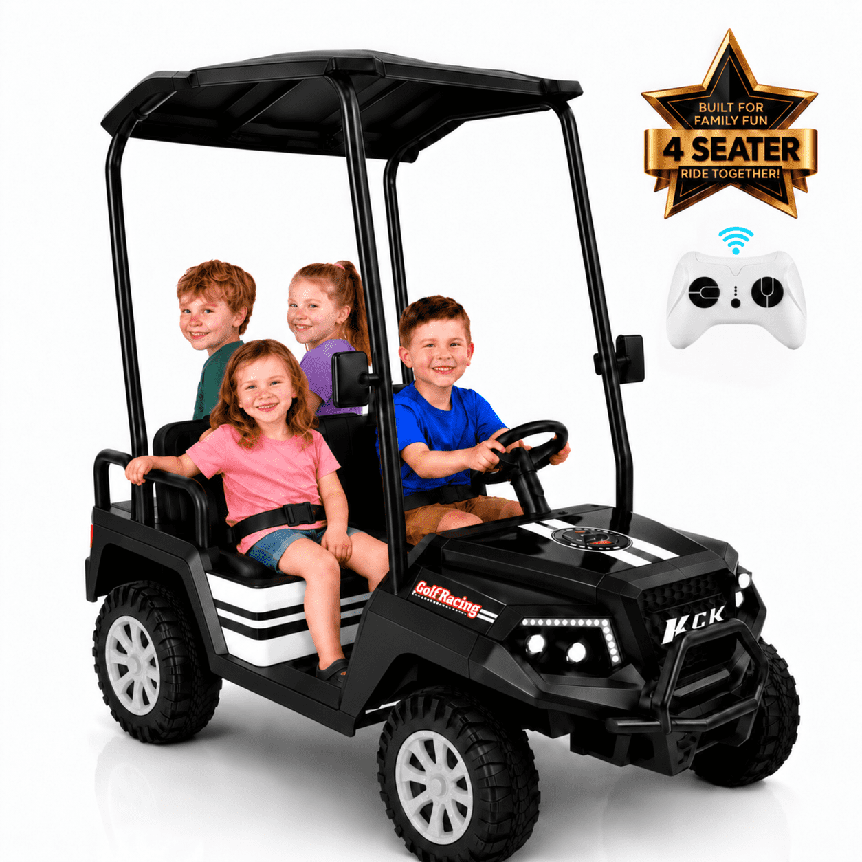 4-Seater 24V 4WD Kids Ride On Golf Cart with Remote Control, Soft Start & Stop | Detachable Sunshade Roof, Music, LED Lights,4 Shock Absorbers, Max Load 265 Lbs, Electric Car for Kids 3-8