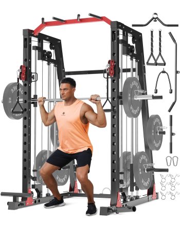 Smith Machine Home Gym, 2200lbs Squat Rack Power Cage with LAT-Pull Down System & Cable Crossover Machine, Multi-Function Training Equipment with Leg Hold-Down Attachment