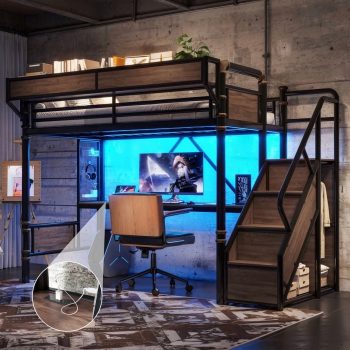 Bellemave Loft Bed with Desk, Metal Loft Bed with Storage & Wardrobe, High Loft Bed with LED Lights & Charaging Station, Heavy Duty Metal Frame with Pegboard & Baskets for Teens Adults