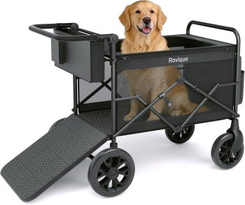 Rovique Foldable Dog Wagon for Large Dogs, All-Terrain Pet Stroller with Ramp, Alloy Steel Pet Cart