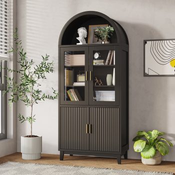 VEANERWOOD 71" Tall Arched Cabinet with Glass Doors, Wood Fluted Pantry Cabinet with Adjustbale Shelves for Dining Room, Kitchen & Living Room