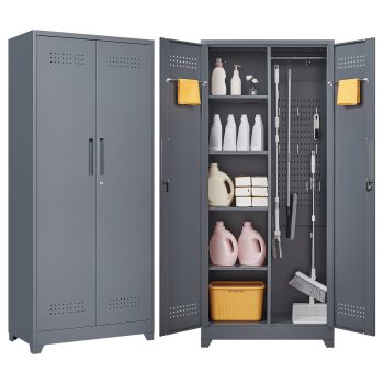 Aukfa Metal Garage Storage Cabinets, Lockable Broom Closet Storage Cabinet with Shelves for Basement/Office/Laundry Room