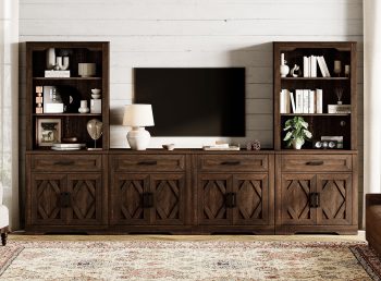WAMPAT Farmhouse Entertainment Center with Bookshelf for TVs up to 70",Mid Century Modern TV Stand with 73"H Tall 5-Tier Bookcase with Open Storage and Barn Doors for Living Room,Bedroom