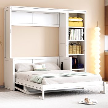 Euroco Wood Size Murphy Bed with Shelves and Cabinets, Convertible Wall Bed with Bookcase