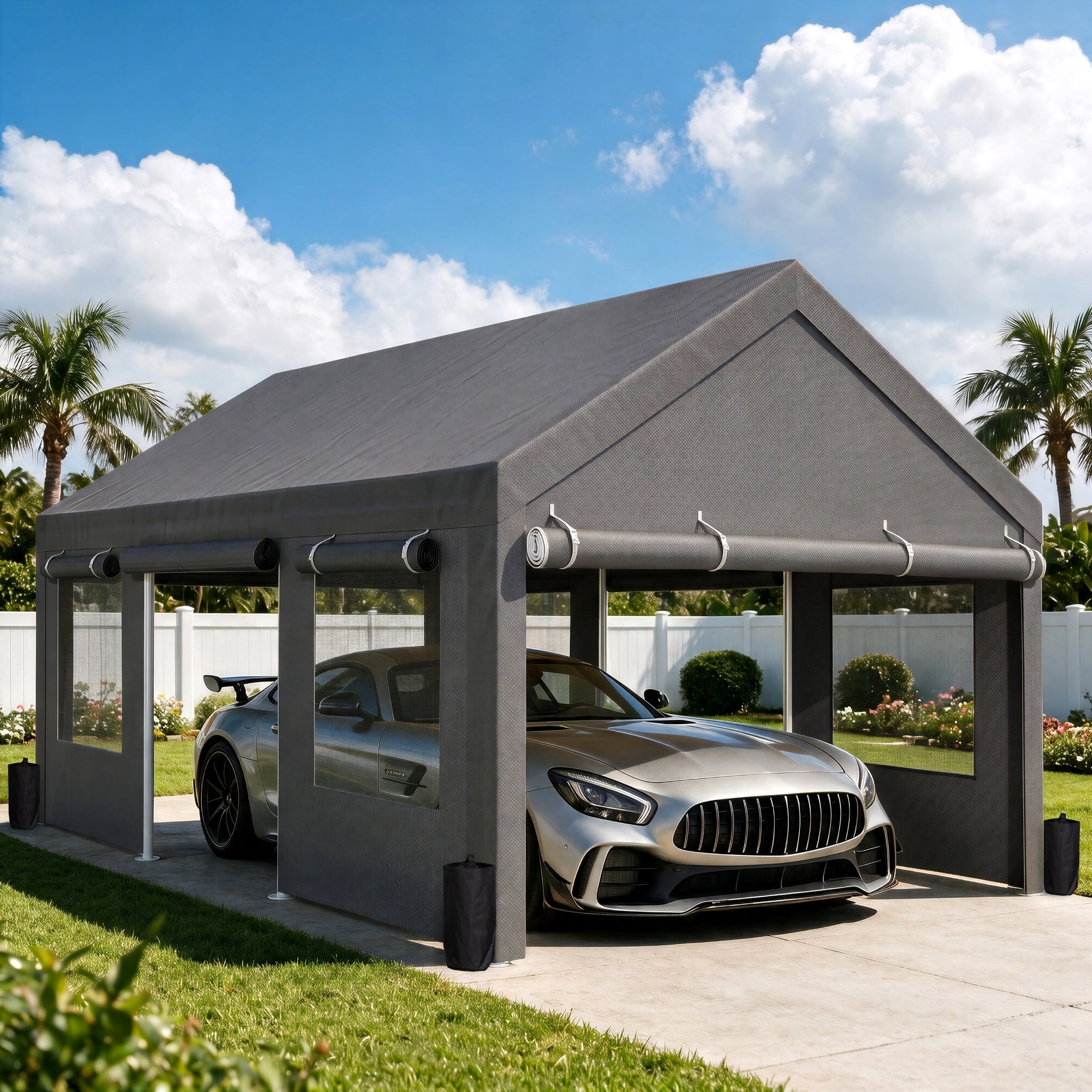 Walsunny 12x20 ft Carport with 4 Sandbags Heavy Duty Canopy with Roll-up Windows Portable Garage with Removable Sidewalls & Doors Car Canopy