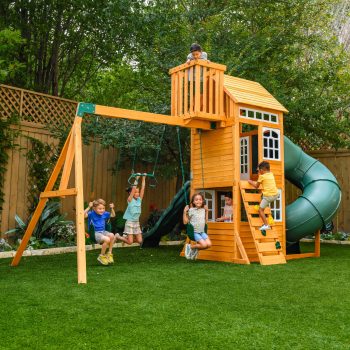 KidKraft Ridgemoor Perch Wooden Swing Set / Playset with Slides, Rock Wall and Crow's Nest