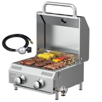 SIXDAY 2-Burner Propane Gas Grill, 20,000 BTU Stainless Steel Tabletop BBQ Grill with Dual Fuel Adapter for Outdoor, Camping & RV Cooking
