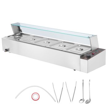 KFFKFF 60QT Commercial Food Warmer, 5-Pan Electric Steam Table with Glass Cover, 1500W Countertop Stainless Steel Buffet Bain Marie with Adjustable Temperature Control for Catering, Buffets, Events