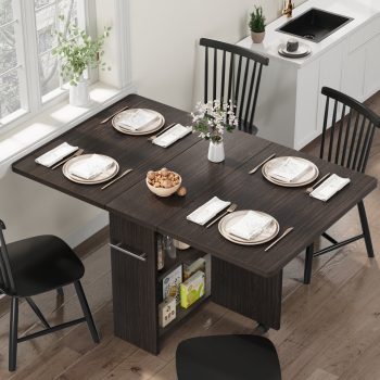 Folding Dining Table with 2 Tier Storage, Extendable Kitchen Table, Drop Leaf Table, Rectangle Dining Room Tables Set for 4, Space Saving Collapsible Expandable Dinner Kitchen Office Furniture
