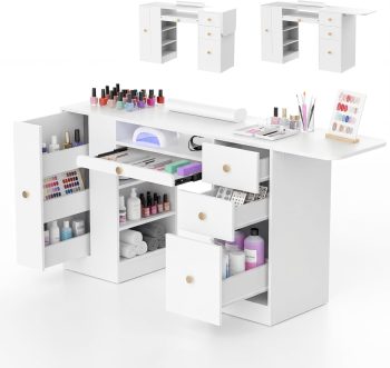 47 inch Nail Desk for Nail Tech White Manicure Table Nail Station with Foldable Tray&Tool Display Tray Acetone Resistant Nails Table for Nail Beauty Salon Spa
