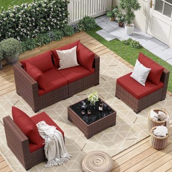 ELPOSUN 5 Pieces Patio Furniture Set All Weather Outdoor Sectional Sofa, Outdoor Modern Sectional Furniture Wicker Couch with Glass Coffee Table, Thicken Cushions, Water Resistant