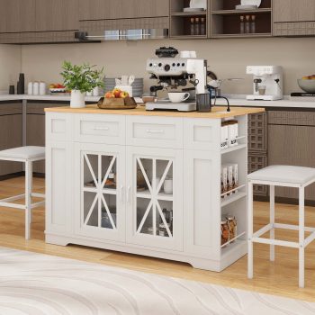 Craftian Kitchen Island with Storage & Seating, Kitchen Island Cart with Drop Leaf
