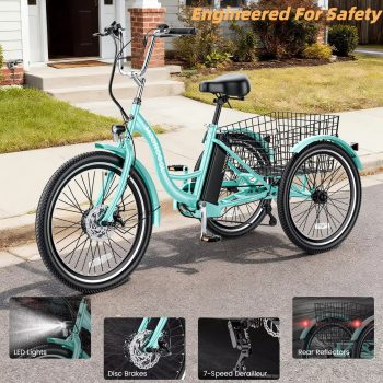 MOONCOOL/ Adult Electric Tricycle W/ Chain lock, Peak 700W 36V 10.4AH, 7 Speeds Step Through Electric Trike Motorized Three Wheel Electric Bikes w/ Large Basket for Women Men
